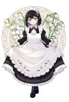  1girl apron apron_hold ascot black_dress black_hair black_pantyhose black_shoes blue_eyes blue_hair blunt_ends blush bob_cut closed_mouth colored_inner_hair commentary_request dress floral_background flower frilled_apron frilled_dress frills full_body hair_ribbon hair_rollers highres holding_own_dress juliet_sleeves long_dress long_sleeves looking_at_viewer maid maid_day maid_headdress mary_janes morugen multicolored_hair original pantyhose puffy_sleeves purple_ribbon ribbon shoes short_hair smile solo standing two-tone_hair white_apron white_ascot white_background white_flower 