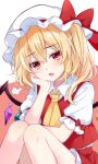  1girl ascot blonde_hair blush bow collared_shirt commentary_request crystal crystal_wings flandre_scarlet frilled_shirt_collar frilled_skirt frills hair_between_eyes hand_on_own_cheek hand_on_own_face hat hat_bow looking_at_viewer mob_cap multicolored_wings one_side_up puff_of_air puffy_short_sleeves puffy_sleeves red_bow red_eyes red_skirt red_vest shirt short_sleeves skirt skirt_set sleeve_bow solo tanaka_shoushou_fumimaro touhou vest white_hat white_shirt wings yellow_ascot 