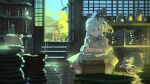  1girl closed_eyes closed_mouth day dot_mouth expressionless facing_viewer grey_hair highres indoors mononobe_no_futo niy_(nenenoa) open_door plate plate_stack robe sidelighting sideways_glance sitting solo stairs touhou wide_shot 