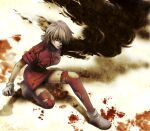  1girl amputee artist_name blonde_hair blood blood_on_arm blood_on_clothes blood_on_face blood_on_hands breasts darkness full_body gloves hair_over_one_eye hellsing highres light_frown medium_breasts miniskirt on_one_knee pencil_skirt red_eyes red_skirt red_thighhighs seras_victoria serious skirt solo thighhighs torn_clothes torn_thighhighs toshimichi_yukari v-shaped_eyebrows web_address white_gloves 