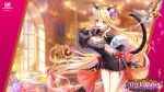  1girl animal_ears baizu_(guszx) bent_over blonde_hair blush breasts cat_ears cat_tail cherry cleavage cleavage_cutout clothing_cutout collared_sweater dress flower food fruit hair_flower hair_intakes hair_ornament highres holding holding_food holding_fruit indoors large_breasts long_hair looking_at_viewer official_art official_wallpaper petals red_eyes rose shironeko_project side_cutout sierra_(shironeko_project) smile solo standing sweater sweater_dress tail tongue tongue_out tsurime very_long_hair 