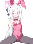  1girl animal_ear_hairband animal_ears aqua_halo blue_archive cardcat_00 covered_navel detached_collar double-parted_bangs fake_animal_ears hair_between_eyes hairband halo highleg highleg_leotard highres kei_(blue_archive) kei_(new_body)_(blue_archive) leotard long_hair long_hair_between_eyes looking_at_viewer pantyhose pink_eyes pink_halo pink_leotard playboy_bunny rabbit_ear_hairband rabbit_ears rectangular_halo ringed_eyes solo spread_legs strapless strapless_leotard white_background white_hair 