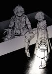  2boys ahoge antenna_hair black_capelet boots capelet coat collared_capelet commentary_request crossed_bangs earrings flins_(genshin_impact) fur-trimmed_coat fur-trimmed_sleeves fur_trim gem genshin_impact gloves grabbing_another's_arm greyscale grottsca_jo hair_between_eyes hair_intakes hand_on_another's_arm holding holding_lantern jewelry korean_commentary lantern light_smile limited_palette long_hair long_sleeves male_focus monochrome multiple_boys open_clothes open_coat pants single_earring sleeve_cuffs thigh_strap 