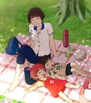  2girls arm_rest backpack bag ball barefoot blanket brown_eyes brown_hair capri_pants clenched_hand closed_eyes crossed_legs cup dappled_sunlight dress gake_no_ue_no_ponyo grass grin hand_on_own_stomach handbag jas knee_up lisa_(ponyo) lying mother_and_son multiple_girls on_back open_mouth pants picnic pinafore_dress ponyo red_hair shirt shoes_removed short_hair shorts side_ponytail sitting sleeping sleeping_on_person smile soccer_ball sousuke_(ponyo) studio_ghibli sunlight thermos tree 