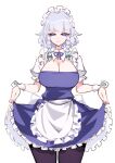  1girl absurdres apron back_bow black_pantyhose blue_dress blue_eyes blue_ribbon bow braid breasts cleavage closed_mouth commentary dress green_ribbon grey_hair hair_ribbon highres holding_own_dress izayoi_sakuya large_breasts long_hair looking_at_viewer maid maid_day maid_headdress neck_ribbon pantyhose puffy_short_sleeves puffy_sleeves raptor7 ribbon short_sleeves simple_background smile solo touhou twin_braids waist_apron white_apron white_background white_bow white_wrist_cuffs wrist_cuffs 
