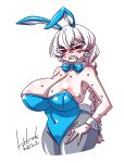  1girl animal_ears blue_leotard braid breasts clenched_teeth covered_navel dated detached_collar fake_animal_ears frown grey_pantyhose hair_between_eyes hanya_(hanya_yashiki) highres large_breasts leotard mandator_(ziga) nipples pantyhose playboy_bunny rabbit_ears rabbit_tail red_eyes simple_background strapless strapless_leotard sweat tail teeth white_background white_hair ziga 