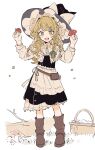  1girl adapted_costume apron basket blonde_hair boots bow braid brown_boots commentary full_body green_bow hair_bow hat hat_bow highres holding holding_mushroom kirisame_marisa long_hair long_sleeves looking_at_viewer mozukuzu_(manukedori) mushroom open_mouth outdoors shirt side_braid simple_background single_braid smile solo touhou untranslatable_commentary waist_apron white_apron white_background white_bow white_shirt witch_hat yellow_eyes 