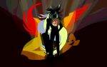  1girl abstract arm_at_side bird_wings black_background eico full_body hand_on_own_hip long_hair reiuji_utsuho silhouette solo standing touhou very_long_hair wings yatagarasu 