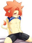  amber_eyes bed bulge clothing erection feline lion looking_at_viewer male mammal morenatsu muscular simple_background solo soutarou_(morenatsu) 