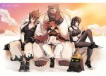  1other 2boys 2girls animal_ears anton_ivanov artist_name bangboo_(zenless_zone_zero) bear_boy bear_ears ben_bigger black_shirt blush breasts brown_fur claws closed_eyes commentary_request crop_top eyepatch furry furry_male goggles goggles_on_head grace_howard hard_hat helmet highres jacket koleda_belobog multiple_boys multiple_girls one_eye_covered open_mouth pants rabbit_ears safety_(zenless_zone_zero) scar scar_across_eye scar_on_face shirt sitting sleeping smile sweatdrop twitter_username white_jacket white_pants yasiro_hayate zenless_zone_zero 