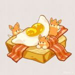  bacon bread bread_slice brown_eyes commentary egg_(food) food food_focus fried_egg highres kuroi_b no_humans pawmi pokemon pokemon_(creature) pokemon_focus simple_background smile toast untranslatable_commentary 
