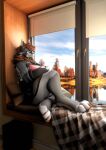  absurd_res anthro autumn beverage big_breasts breasts brown_hair clothed clothing coffee coffee_mug feet female fingers fur green_eyes grey_body grey_fur hair hi_res kvnpoulsen looking_away mamagen mammal mature_female mother_(lore) multicolored_body multicolored_fur neck_tuft parent_(lore) sara_poulsen sitting_on_window sitting_on_window_sill smile solo tail toes tuft 