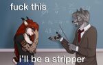 accessory algebra anthro black_clothing black_shirt black_topwear blue_bottomwear blue_clothing blue_pants bottomwear brown_clothing brown_eyes brown_sweater brown_topwear canid canine canis chalkboard clothing duo eyes_closed facepalm felid feline female grey_hair hair hi_res jessica_reed_(rimann) long_hair looking_at_another lynx male mammal math mature_male meme nathan_wallace_(rimann) necktie pants pointer profanity red_hair red_necktie rimann shirt short_hair side_view sweater t-shirt topwear wolf