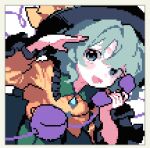  1girl ahiru_tokotoko black_hat bow buttons collared_shirt commentary_request diamond_button disembodied_linked_eye eyeball frilled_shirt_collar frilled_sleeves frills green_eyes green_hair green_skirt hat hat_bow heart heart_of_string holding holding_phone komeiji_koishi long_sleeves looking_at_viewer open_mouth phone pixel_art romaji_commentary shirt skirt smile solo touhou wide_sleeves yellow_bow yellow_shirt 