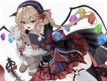 1girl alternate_costume alternate_headwear asymmetrical_legwear back_bow black_thighhighs blonde_hair bow claw_pose commentary_request crinoline crystal crystal_wings dragon_horns dragon_tail dress fingernails flandre_scarlet green_nails hair_between_eyes hair_ornament hat highres horns long_fingernails long_hair looking_at_viewer mismatched_legwear multicolored_wings one_side_up pointy_ears purple_dress purple_hat red_bow red_eyes red_nails sharp_fingernails solo stuffed_animal stuffed_toy tail tail_bow tail_ornament teddy_bear thigh_strap thighhighs tomura_amane touhou touhou_lostword white_thighhighs wings x_hair_ornament 