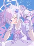  1girl @_@ absurdres ahoge blue_archive blue_background blush bow cup dress drill_hair drink drooling gloves hair_ornament halo hand_on_own_cheek hand_on_own_face highres holding holding_cup juice long_hair magical_girl multicolored_hair one_eye_closed open_mouth pink_hair pink_halo puffy_sleeves purple_bow purple_dress purple_eyes purple_hair reisa_(blue_archive) reisa_(magical)_(blue_archive) schnee_strum short_sleeves solo star_(symbol) star_hair_ornament star_halo table twin_drills twintails two-tone_hair upper_body white_gloves 