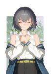  1girl absurdres bang_dream! bang_dream!_it's_mygo!!!!! belt belt_buckle black_hair black_pants blue_jacket buckle closed_eyes collared_shirt commentary_request dot_nose earrings facing_viewer flower grass hair_between_eyes highres hjxbd jacket jewelry medium_hair off-shoulder_jacket off_shoulder pants pearl_earrings shirt single_earring sleeveless sleeveless_shirt solo takamatsu_tomori tall_grass white_shirt yellow_belt 