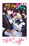  2girls absurdres agnes_tachyon_(umamusume) ahoge animal_ears apron black_dress black_hair black_jacket black_pants black_vest brown_hair butler closed_mouth coffee commentary_request cup dress ear_tag earrings hair_between_eyes highres holding holding_saucer horse_ears horse_girl jacket jewelry long_bangs long_hair long_hair_between_eyes long_sleeves looking_at_viewer maid maid_apron maid_headdress manhattan_cafe_(umamusume) medium_hair multicolored_hair multiple_girls open_clothes open_jacket pants red_eyes saucer scalizo shirt single_earring smile tea teacup umamusume very_long_hair vest white_apron white_hair white_headdress white_shirt yellow_eyes 