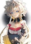  1girl black_collar black_sleeves blue_eyes bonnet breasts brown_hair cleavage closed_mouth collar commentary_request detached_collar detached_sleeves dress gem genshin_impact gloves hair_ornament highres long_sleeves looking_at_viewer red_gem sandrone_(genshin_impact) short_hair_with_long_locks simple_background solo tuzuriii_xx upper_body white_gloves white_headdress 