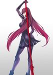  ass back between_buttocks bodysuit breasts fate/grand_order fate_(series) gae_bolg large_breasts long_hair nakaga_eri pantyhose pauldrons polearm purple_bodysuit red_eyes red_hair scathach_(fate)_(all) scathach_(fate/grand_order) skin_tight solo spear very_long_hair weapon 