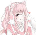  1other absurdres akiyama_mizuki animal_ear_headphones animal_ears blush cat_ear_headphones cat_ears closed_mouth commentary congroo fake_animal_ears half-heart_hands hand_up headphones heart highres long_hair long_sleeves looking_at_viewer one_eye_closed other_focus pink_eyes pink_hair pink_sweater_vest project_sekai shirt side_ponytail sidelocks simple_background smile solo sweater_vest upper_body white_background white_shirt 