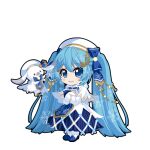  1girl animated animated_png blinking blue_bow blue_gloves blue_hair blue_skirt book bow braid braided_bangs capelet gloves hair_bow hat hatsune_miku hatsune_miku_graphy_collection holding holding_book legs_together long_sleeves patterned_hair pleated_skirt rabbit_yukine skirt smile solo standing tabard transparent_background twintails vocaloid white_capelet white_hat yuki_miku yuki_miku_(2021) 