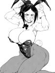  1girl animal_ear_hairband animal_ears arms_up blush breasts chiaki_(tom910) cleavage clenched_teeth commentary_request detached_collar fake_animal_ears fake_tail hair_up hairband highres kudo_saya large_breasts leotard monochrome muscular muscular_female nipples pantyhose playboy_bunny rabbit_ear_hairband rabbit_ears rabbit_tail solo strapless strapless_leotard sweatdrop tail teeth wrist_cuffs ziga 