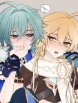  2boys aether_(genshin_impact) ahoge armor belt black_belt black_gloves blonde_hair blue_gloves blue_shirt blush coat collared_shirt crop_top earrings genshin_impact gloves gold_trim green_hair grey_background hair_between_eyes hair_intakes hand_on_another's_cheek hand_on_another's_face highres jewelry kiss kissing_hand kmtuz lohen_(genshin_impact) long_hair long_sleeves male_focus mole mole_under_eye multicolored_eyes multicolored_gloves multiple_boys scarf shirt short_hair shoulder_armor single_earring sweatdrop two-tone_gloves white_scarf yaoi yellow_eyes 