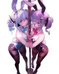  2girls absurdres animal_ears blue_bow blue_bowtie blue_hair blush bound_together bow bowtie breasts cleavage detached_collar doremy drill_hair fake_animal_ears full_body grey_hair hair_between_eyes hair_ornament hair_ribbon hairband hairclip highres indie_virtual_youtuber looking_at_viewer medium_breasts medium_hair minty_yukime momokavt multiple_girls pantyhose pink_bow pink_bowtie playboy_bunny pole purple_eyes rabbit_ears rabbit_hole_(vocaloid) rabbit_tail ribbon round_eyewear simple_background standing star_(symbol) star_hair_ornament star_in_eye stripper_pole symbol_in_eye tail twin_drills twintails virtual_youtuber white_background 