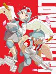  1boy 1girl aqua_gloves aqua_hat aqua_vest backwards_hat bow bowtie bullet bulletproof_vest cherry_blossoms controller copyright_name cupid dark-skinned_male dark_skin english_commentary feathered_wings gloves goggles goggles_on_head grey_pants grey_skirt gun hat heart heart-shaped_eyewear highres holding holding_controller kipateriyaki knee_pads long_sleeves looking_at_viewer love-bullet m60_(machine_gun) machine_gun open_mouth original pants red_background red_bow red_eyes red_gloves red_shirt shirt shirt_flower short_hair skirt tan vest weapon white_hair white_shirt wings 