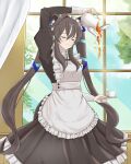  1girl absurdres animal_ears apron aysellost black_dress blue_ribbon blush breasts brown_hair closed_eyes closed_mouth commentary_request cup dress ear_covers hair_between_eyes highres holding holding_saucer holding_teapot horse_ears horse_girl horse_tail long_hair long_sleeves maid maid_apron maid_headdress mole mole_under_eye multicolored_hair pouring ribbon saucer single_ear_cover smile streaked_hair tail teacup teapot twintails umamusume vivlos_(umamusume) white_apron white_headdress 