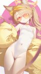  1girl above-cleavage_cutout absurdres animal_ear_fluff animal_ears blue_archive clothing_cutout cross_halo diamond_cutout extra_ears fox_ears fox_girl halo highleg highleg_one-piece_swimsuit highres jacket looking_at_viewer nyarnya official_alternate_costume one-piece_swimsuit orange-tinted_eyewear seia_(blue_archive) seia_(swimsuit)_(blue_archive) solo sunglasses swimsuit tinted_eyewear visor_cap white_one-piece_swimsuit yellow_halo yellow_jacket yellow_visor_cap 