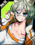  1girl absurdres adjusting_eyewear animal_ears ankodaihuku arknights belt blue_eyes breasts collarbone from_above gloves green_background green_hair highres horse_ears horse_girl infection_monitor_(arknights) jacket jellyfish_cut looking_at_viewer multicolored_gloves multicolored_hair multicolored_jacket open_clothes open_jacket orange_gloves proviso_(arknights) shirt teeth two-tone_gloves two-tone_hair two-tone_jacket white_gloves white_hair white_shirt 