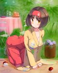  all_fours breasts brown_eyes brown_hair chair cleavage collarbone erika_(pokemon) hairband hakama japanese_clothes kazo kimono large_breasts looking_at_viewer plant poke_ball pokemon pokemon_(game) pokemon_frlg potted_plant red_hakama sash short_hair smile solo table wide_sleeves 