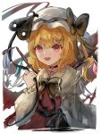  1girl adapted_costume black_bow black_bowtie black_choker blonde_hair bow bowtie choker commentary_request cross cross_choker crystal crystal_wings flandre_scarlet hair_ornament hat hat_bow highres holding holding_weapon laevatein_(touhou) mob_cap multicolored_wings one_side_up red_eyes red_skirt red_vest shirt skirt skirt_set solo touhou vest weapon white_hat white_shirt wings x_hair_ornament yupopopopon 