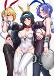  3girls absurdres adapted_costume alternate_costume animal_ear_hairband animal_ears arm_around_another's_waist astra_yao bare_shoulders black_hair black_hiphighs black_leotard blonde_hair blue_nails breasts clothing_cutout commentary covered_navel crescent crescent_earrings cruzvu earrings english_commentary evelyn_chevalier fake_animal_ears hair_intakes hairband hand_up highres hiphighs holding holding_tray jewelry large_breasts leotard long_hair looking_at_viewer multiple_girls nail_polish navel_cutout parted_lips playboy_bunny promeia_(zenless_zone_zero) purple_eyes purple_hair rabbit_ear_hairband rabbit_ears red_eyes skindentation smile strapless strapless_leotard thighs tray white_hairband white_leotard zenless_zone_zero 