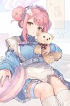  1girl apron blue_archive blue_track_suit breasts double_bun food food-themed_pillow hair_bun hair_ornament hairclip halo highres holding holding_stuffed_toy large_breasts long_sleeves macaron maid maid_headdress mika_(blue_archive) open_mouth pink_hair pink_halo shiidap sidelocks socks solo stuffed_animal stuffed_toy teddy_bear thigh_strap track_suit unconventional_maid white_apron white_socks yellow_background 