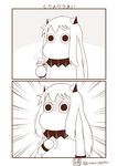  /\/\/\ 0_0 2koma asphyxiation choking collar comic commentary food hand_on_own_chest highres horns instant_loss_2koma kantai_collection long_hair mittens monochrome moomin muppo no_humans northern_ocean_hime sazanami_konami sweet_potato translated 