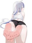  1girl absurdres ahoge aokumo_rin ass bare_shoulders black_panties black_shorts blue_eyes blue_hair blue_streaks closed_mouth commentary feet foot_focus from_behind full_body highres lace-trimmed_panties lace_trim legs long_hair looking_at_viewer looking_back micro_shorts multicolored_hair nbee_ya panties shorts simple_background sleeveless soles solo stellive streaked_hair tank_top thighs toes underwear untranslatable_commentary white_background white_hair white_tank_top 