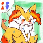 1:1 2022 ambiguous_anthro ambiguous_gender annyui0611 anthro biped blush bodily_fluids braixen canid digital_drawing_(artwork) digital_media_(artwork) dipstick_tail emanata food generation_6_pokemon gloom_lines half-length_portrait hi_res japanese_description mammal markings nintendo omorashi open_mouth pokemon pokemon_(species) portrait shrimp_(food) simple_background snout solo standing sweat sweatdrop tail tail_markings thought_bubble translated_description