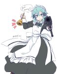  1girl :d alternate_costume apron aqua_eyes aqua_hair aqua_ribbon asagi501 bell black_dress boots brown_boots collared_dress commentary_request double-parted_bangs dress enmaided feet_out_of_frame frilled_apron frills good_morning grin gun hair_between_eyes hair_ornament hairclip hands_up highres holding holding_bell holding_gun holding_weapon lace-up_boots long_dress maid maid_apron maid_headdress medium_hair messy_hair neck_ribbon open_mouth ribbon simple_background sinon smile solo speech_bubble standing sword_art_online weapon weapon_request white_apron white_background wing_collar 