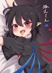  1girl asymmetrical_wings black_dress black_hair blue_wings blush breasts commentary dress fang highres houjuu_nue looking_at_viewer lying medium_breasts medium_hair on_stomach pointy_ears red_eyes red_wings sideways siw0n skin_fang solo tongue tongue_out touhou translation_request ufo wings 
