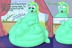  2015 augustbebel belly big_belly burping chubby english_text equine female friendship_is_magic fur green_fur green_hair hair horn horse mammal my_little_pony open_mouth orange_eyes overweight pony smile solo text tongue unicorn vore 