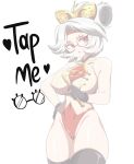  1girl absurdres abysswatchers black_gloves black_thighhighs breasts eye_symbol eyeshadow glasses gloves hair_bun hair_ornament hair_stick headband highres large_breasts leotard leotard_under_clothes looking_at_viewer makeup meme open_mouth parted_lips purah red-framed_eyewear red_eyes red_eyeshadow red_headband red_leotard round_eyewear short_hair sleeveless solo tap_me_(meme) the_legend_of_zelda the_legend_of_zelda:_tears_of_the_kingdom thighhighs updo white_background white_hair 