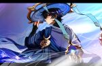  1boy animal_print armor belt bird_print black_belt black_bodysuit black_border black_bridal_gauntlets black_hair blue_background blue_cape blue_hat blue_jingasa blunt_ends bodysuit border bridal_gauntlets cape closed_mouth dintoge fingernails from_behind furisode genshin_impact gold gold_ring hand_up hat highres japanese_armor japanese_clothes jingasa kimono kote kurokote letterboxed looking_at_viewer looking_back male_focus middle_ring multicolored_hair purple_eyes purple_hair purple_rope purple_sash rope sash scaramouche_(genshin_impact) side_cape solo streaked_hair tsurime wanderer_(genshin_impact) white_kimono white_sleeves wind 