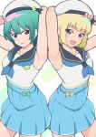  2girls :d absurdres armpits arms_behind_head arms_up beret black_sailor_collar blonde_hair blue_eyes blue_neckerchief blue_skirt character_request commentary_request ear_piercing green_hair hair_between_eyes hat heart highres looking_at_viewer mahou_no_shimai_lulutto_lilly multiple_girls neckerchief piercing pleated_skirt purple_eyes sailor_collar shirt skirt sleeveless sleeveless_shirt smile temari_rin white_hat white_shirt 