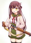  black_legwear bolt_action brown_hair cardigan gakkou_gurashi! gun hair_ornament hairclip highres lee-enfield long_hair mole mole_under_eye open_mouth rifle school_uniform simple_background sling solo stolas_(lemegeton) thighhighs trigger_discipline wakasa_yuuri weapon white_background yellow_eyes 