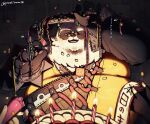  1boy artist_name bara belly birthday_cake bracelet cake chinese_clothes claws commentary_request confetti covering_face fangs fat food furry furry_male highres holding holding_party_popper holding_sash jewelry looking_at_viewer male_focus one_eye_closed open_mouth pan_yinhu panda_boy party_popper pawpads plump puchikeren54 round_eyewear shirt smile spiked_bracelet spikes twitter_username wok yellow_shirt zenless_zone_zero 