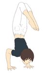  barefoot brown_eyes brown_hair capri_pants full_body gake_no_ue_no_ponyo handstand jas legs_together lisa_(ponyo) midriff pants shirt short_hair solo studio_ghibli white_background 