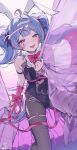  1girl ahoge animal_ears arm_belt bare_arms black_leotard blue_eyes blue_hair blush bow bowtie brown_pantyhose cuffs fake_animal_ears fishnet_pantyhose fishnets hair_ornament hair_ribbon hairband handcuffs hatsune_miku highres leotard long_hair ningen_mame pantyhose playboy_bunny rabbit_ears rabbit_hole_(vocaloid) red_bow red_bowtie ribbon strapless strapless_leotard thigh_strap tongue tongue_out twintails very_long_hair vocaloid 